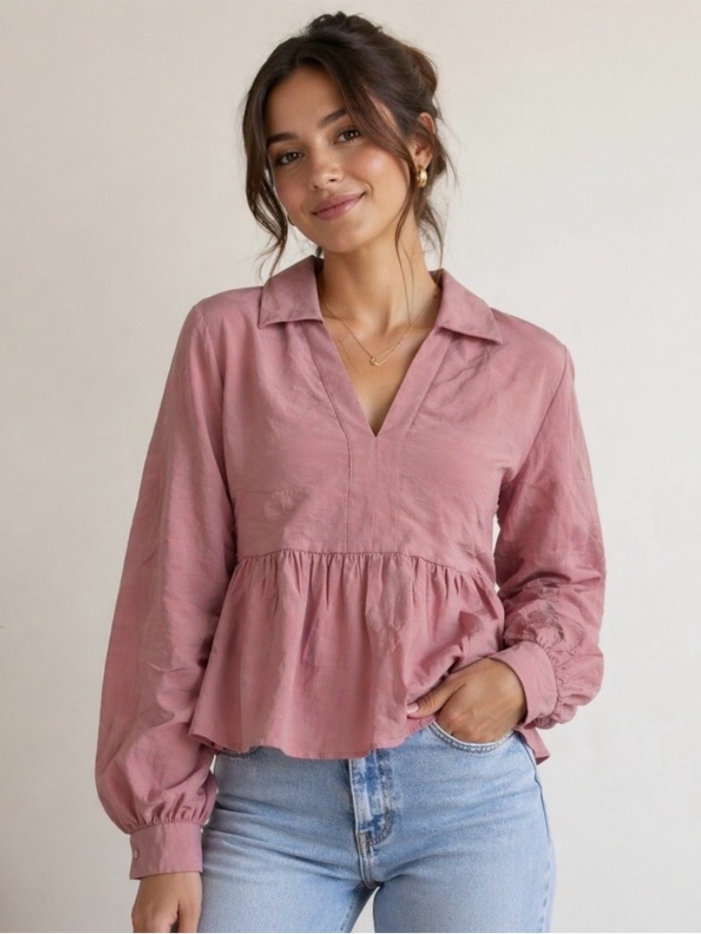 Anthro NWT Free the Roses Puff Women's Long-Sleeve Peplum Blouse - Mauve